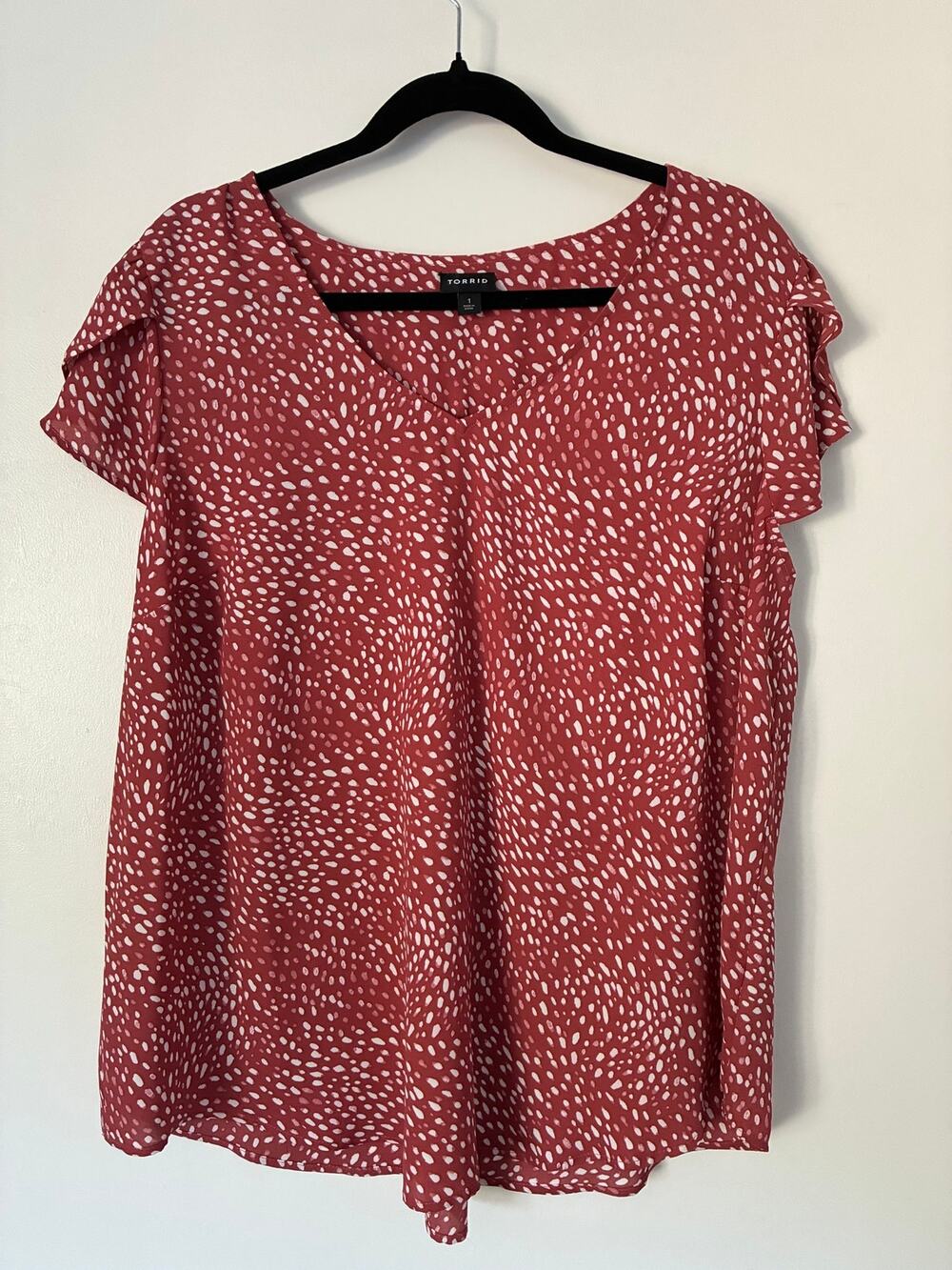 Torrid Rust Red White Polka Dot Blouse Lightweight Flowy Short Sleeves Size 1